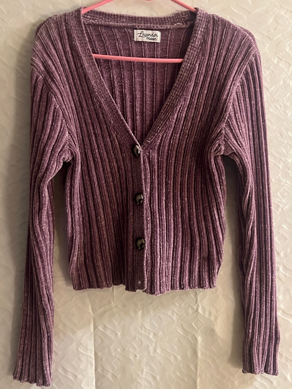 Lavender Moon Striped Ribbed Button Cardigan - Lavender Purple